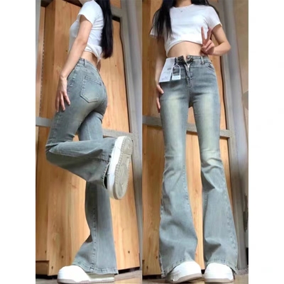 美式复古微喇牛仔裤女高腰直筒