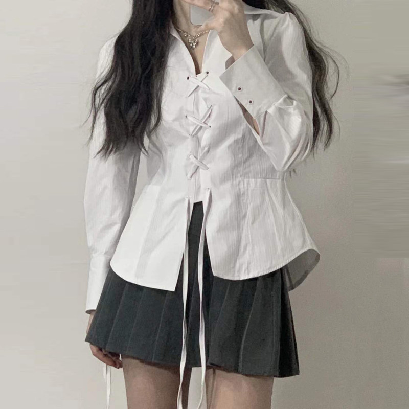 大码胖妹妹绑带衬衫女春夏季新款法式宽松设计感小众百搭长袖衬衣