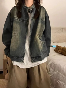 夹克上衣ins潮 美式 复古水洗做旧牛仔外套女春秋新款 大码 宽松工装