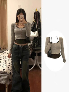 美式正肩长袖t恤女春秋冬大码微胖设计感小众紧身收腰假两件上衣