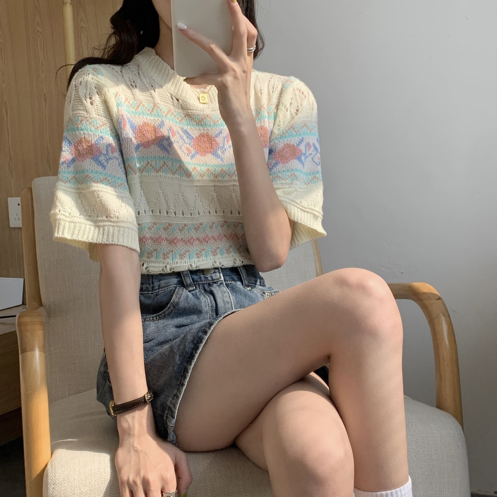 提花短袖针织衫女装镂空宽松显瘦