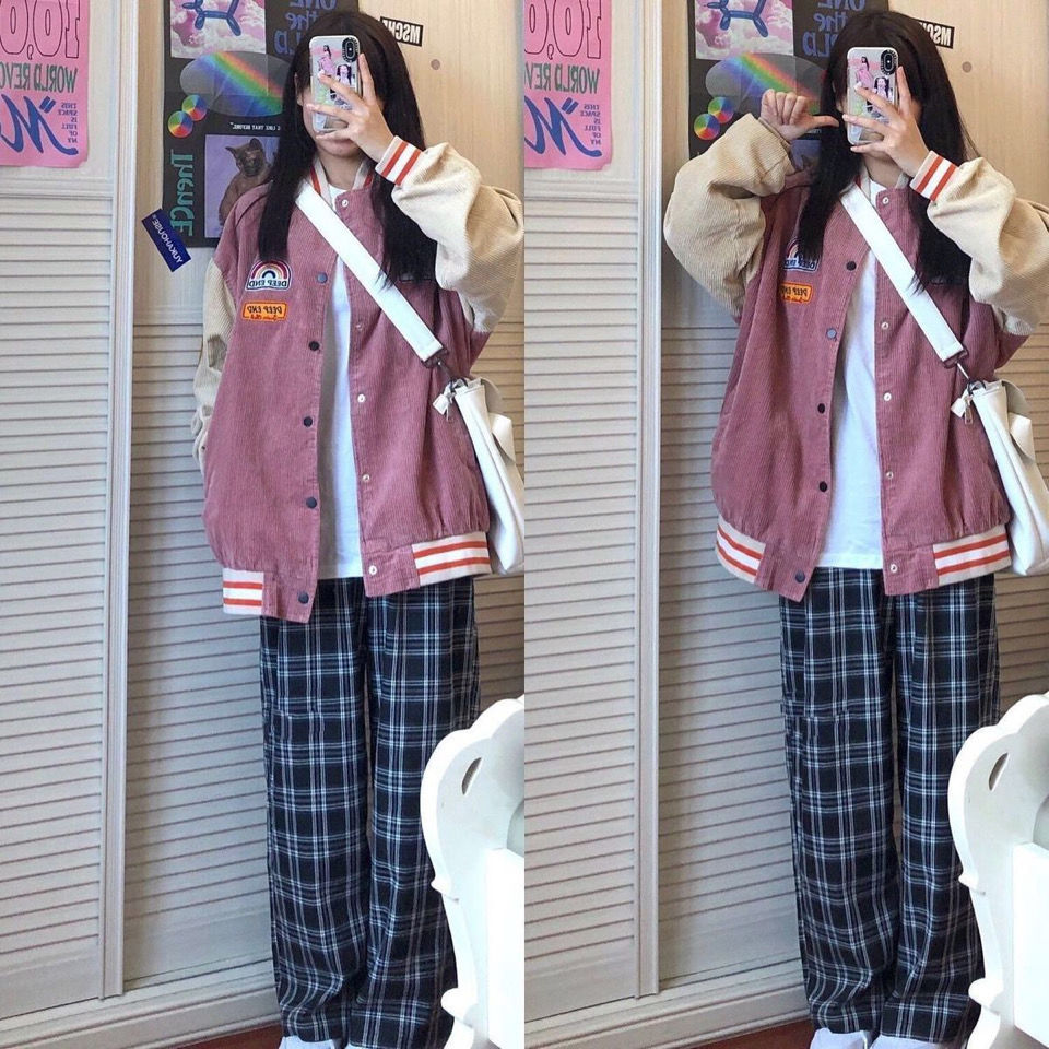 大码胖MM美式灯芯绒外套女春秋装新款韩版宽松学生百搭棒球服上衣