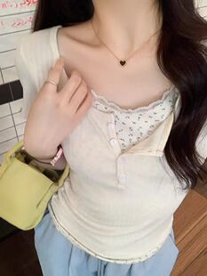 大码纯欲假两件叠穿蕾丝短袖T恤女夏季bm碎花打底衫内搭绝美上衣