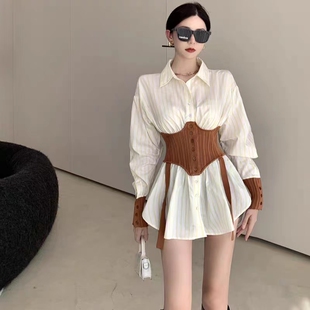 收腰长袖 女春秋设计感小众法式 上衣外套 胖妹妹假两件防晒衬衫 大码