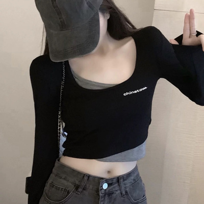 长袖T恤女假两件设计感小众打底