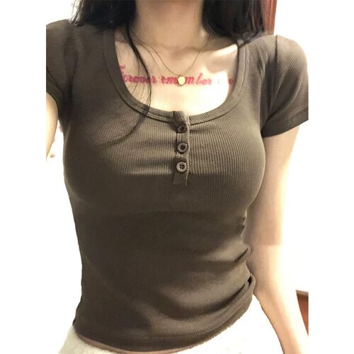 美式复古短袖正肩t恤修身显瘦U领