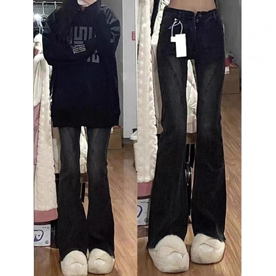 大码春秋港味复古毛边马蹄裤子