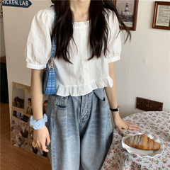大码胖妹妹衬衫女2025夏装新款设计感小众方领短袖衬衣泡泡袖上衣