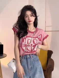 大码 美式 新款 t恤女夏季 胖mm宽松显瘦多巴胺穿搭上衣 复古正肩短袖