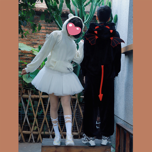 双面绒卫衣恶魔天使刺绣翅膀尾巴配件情侣闺蜜搭配保暖反季节清仓