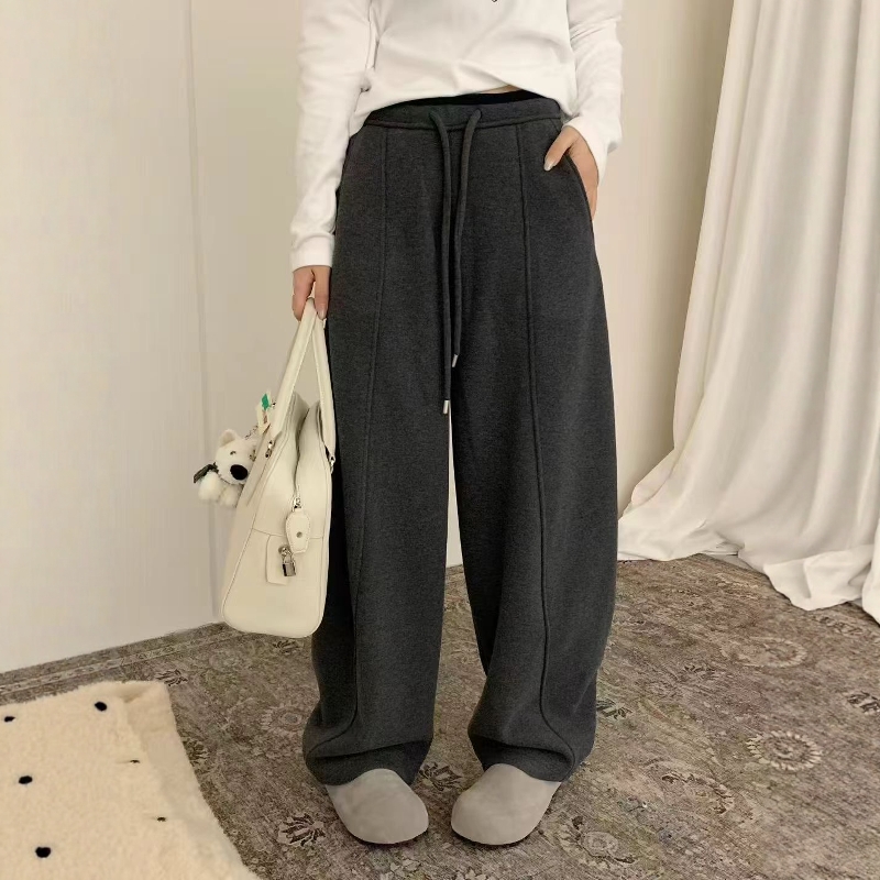欧货抽绳高腰羊绒阔腿裤女2025冬季宽松显瘦加绒灰色弯刀拖地长裤