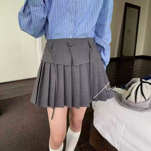 半身裙短裙 欧货A字显瘦韩版 学院风系带高腰百褶裙女2026春季 新款