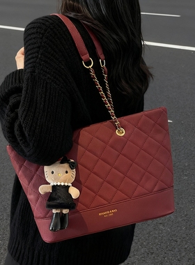 高级感大容量红色菱格链条包大包2025新款潮百搭时尚托特包单肩包