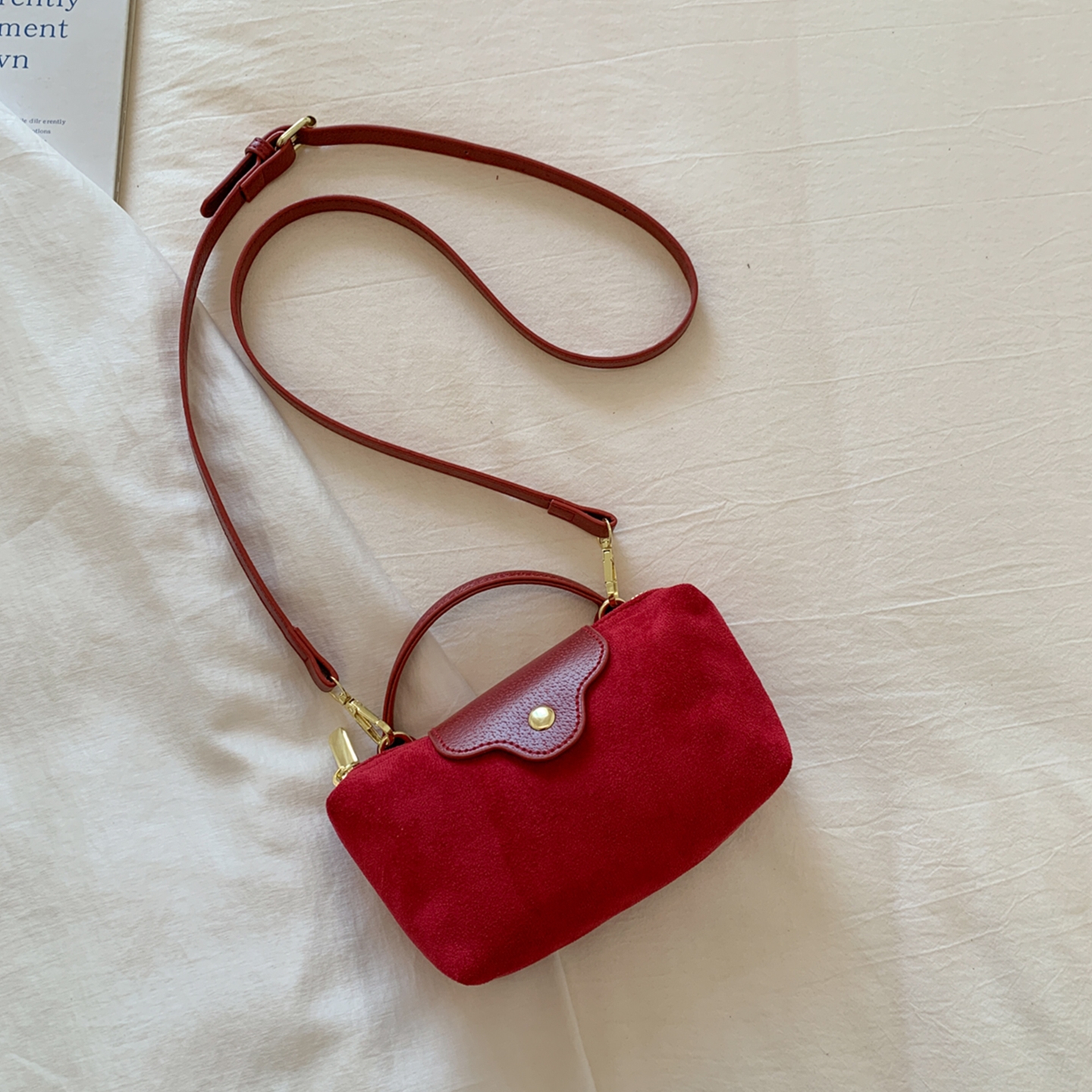 ins小众洋气红色手拎斜挎包