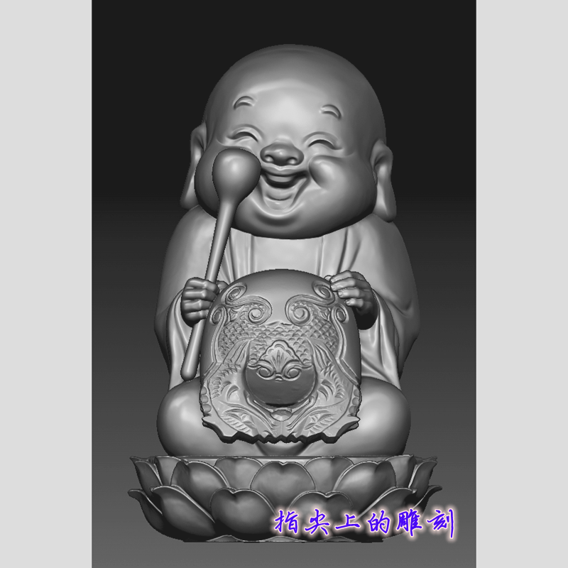弥勒佛3D立体雕刻图纸佛像圆雕图STL格式数码雕刻  小和尚木鱼2