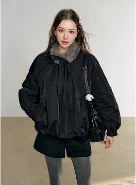 甜酷少女 蝴蝶结设计感小众上衣毛领加厚黑色花苞保暖棉服外套女