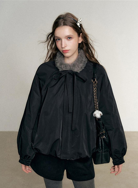 NEWEME25冬季新款设计感小众上衣毛领加厚保暖黑色花苞棉服外套女