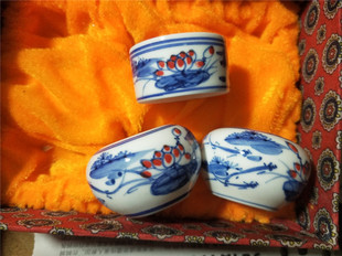 青花百灵手绘鸟食杯红蓝颠颏鸟碗 麻料金鱼人物图鸟笼杯子名氏堂