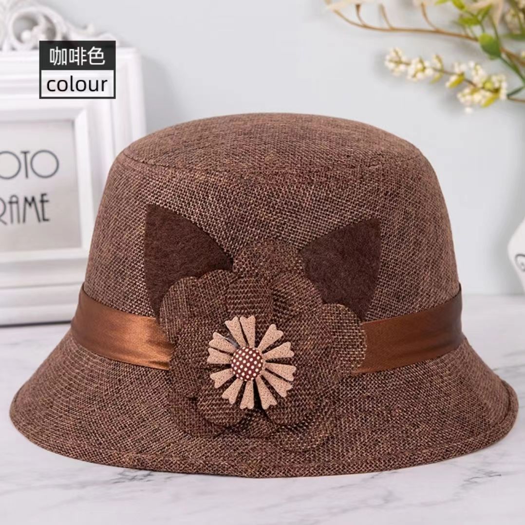 新款春秋老人帽子女亚麻遮阳凉帽中老年妈妈防晒透气礼帽奶奶盆帽