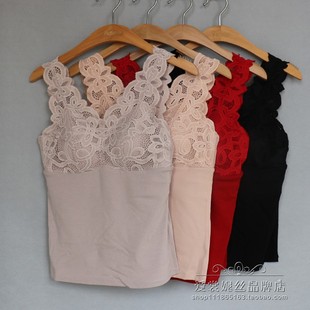 丽维 加厚背心带胸垫B1152 秋冬新款 双V领宽肩蕾丝女德绒保暖修身