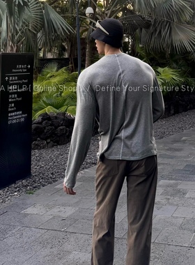 AHELP松弛宽松圆领长袖上衣超舒适天丝绵羊毛针织通勤百搭灰色T恤