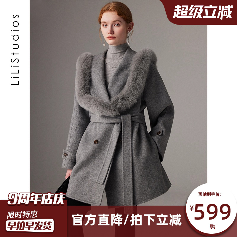 双面呢羊绒大衣女中长款小个子收腰年轻款狐狸毛皮草斗篷毛呢外套