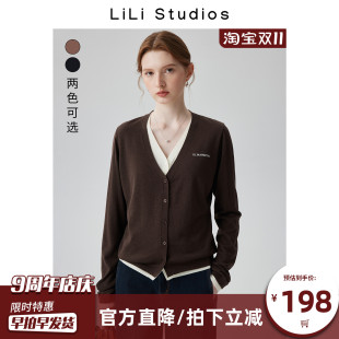 时髦入秋设计感撞色显瘦开衫 T恤女 拼色百搭上衣假两件毛针织长袖