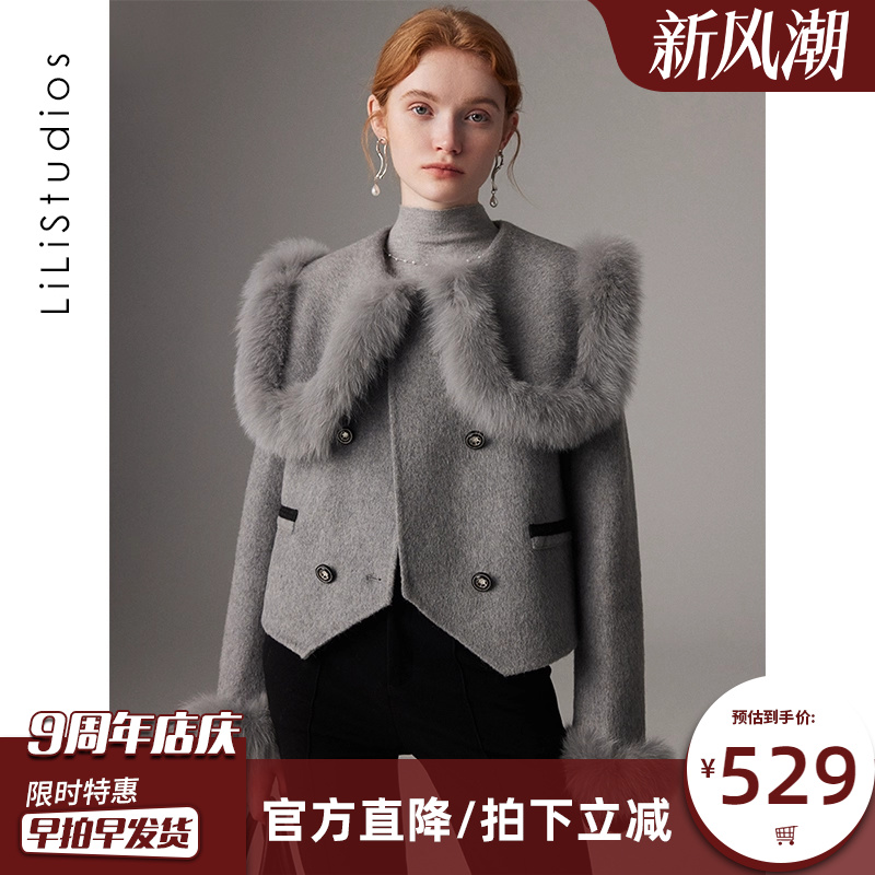 双面呢羊绒大衣女真狐狸毛领韩版斗篷短款小个子皮草毛呢外套