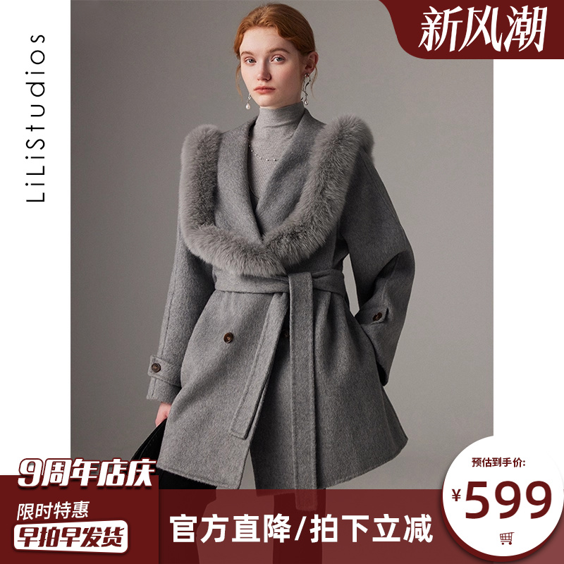 双面呢羊绒大衣女中长款小个子收腰年轻款狐狸毛皮草斗篷毛呢外套