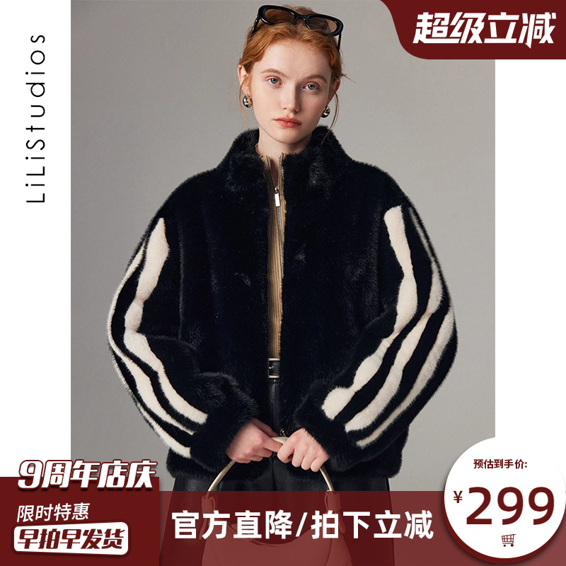 棒球服环保水貂毛皮草外套女貂皮