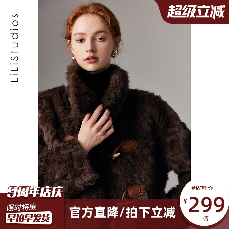 托斯卡纳皮毛一体外套女牛角扣