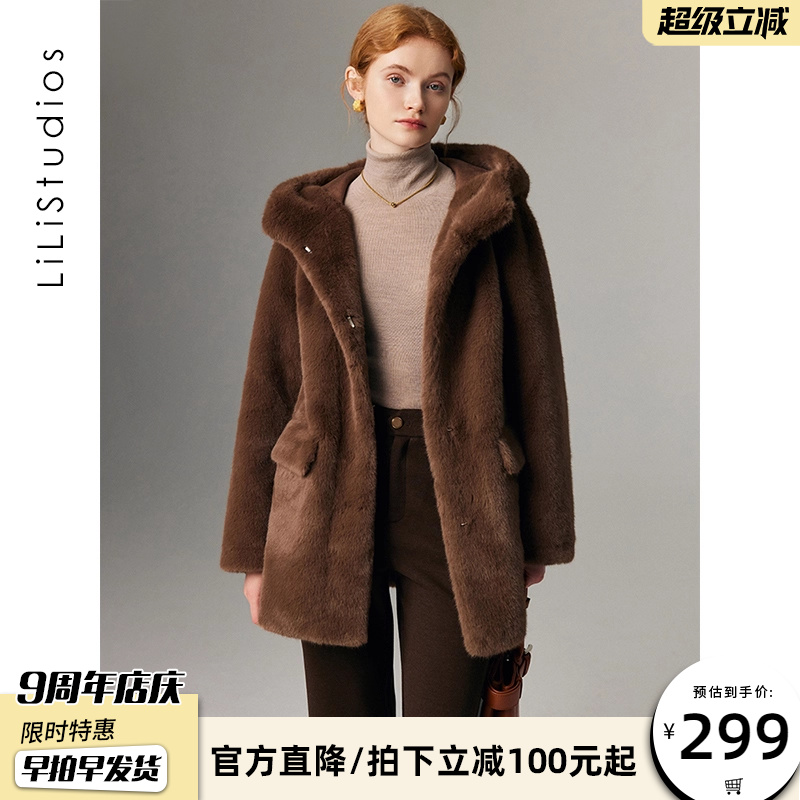 皮毛一体外套女连帽水貂绒皮草
