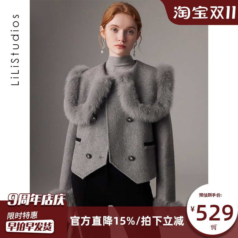 双面呢羊绒大衣女真狐狸毛领斗篷