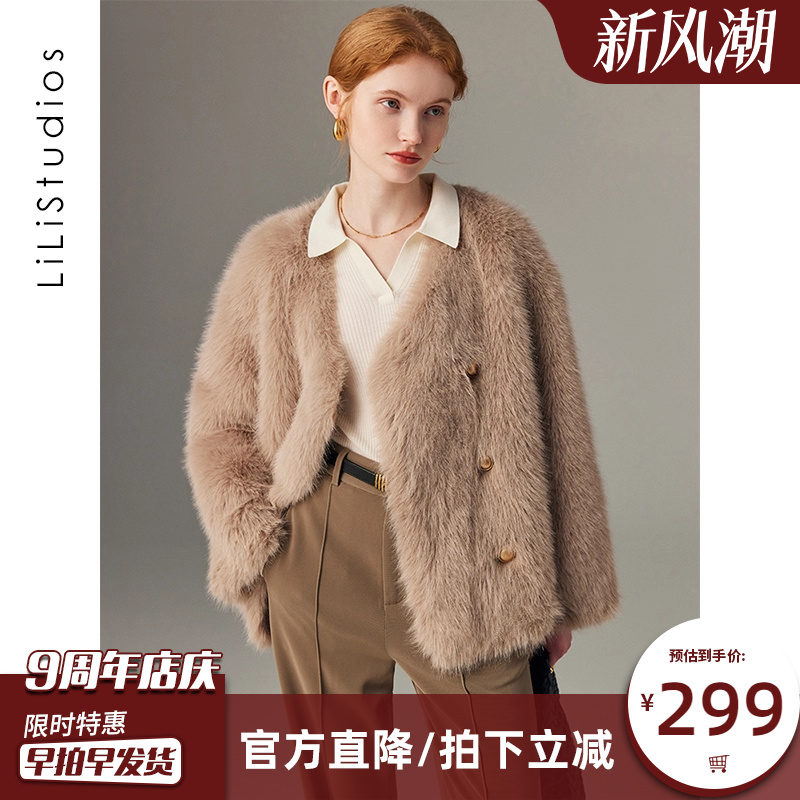 海宁狐狸毛环保皮草外套女双排扣