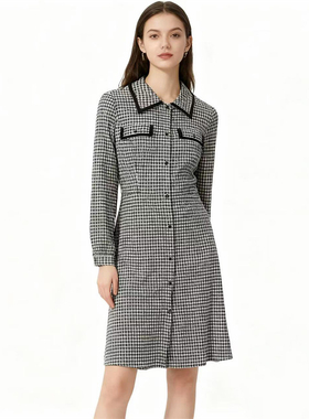 RM系列-经典千鸟格长袖连衣裙修身显瘦城市通勤YL960
