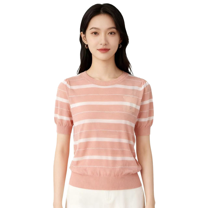 【D玛纳】简约线衫圆领条纹时尚休闲舒适修身针织短袖百搭DMA899