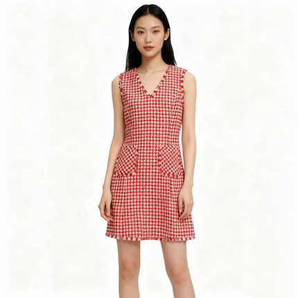 【恋】淑女连衣裙V领格子拼色无袖设计感气质优雅修身显瘦YL906