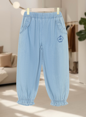 【马】儿童花边口袋九分水洗牛仔裤纯色口袋设计休闲文艺范MA310