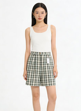 SP系列-百搭宽松格子高腰五分短裤P89