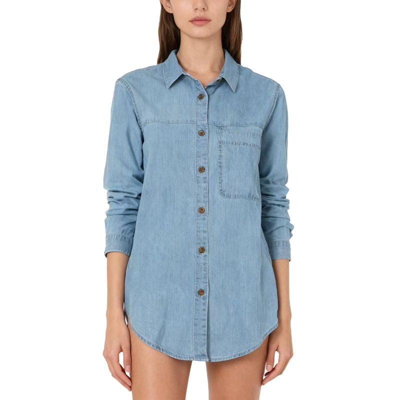 【D玛纳】牛仔衬衫纯色翻领单排扣设计简约休闲舒适百搭DMA259