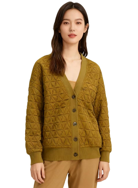 【D玛纳】时尚外套V领菱格纹长袖针织开衫外套日常百搭DMA1052