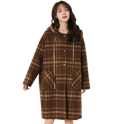 【D玛纳】女士外套连帽格子单排扣中长款毛呢大衣气质保暖DMA805