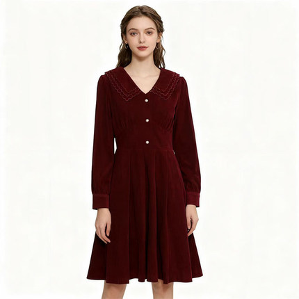 【恋】淑女连衣裙纯色翻领百褶下摆设计气质优雅修身高级感YL952