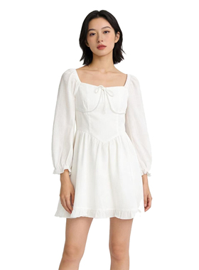 SP系列-白色法式气质纯色方领连衣裙P36/P206