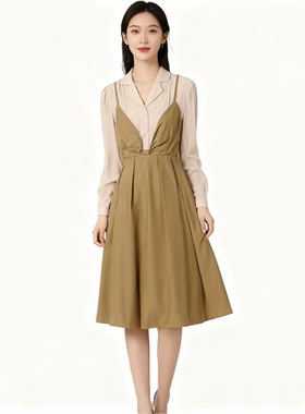 RM系列-淑女气质舒适米色拼接吊带衬衫裙显瘦百搭YL1049
