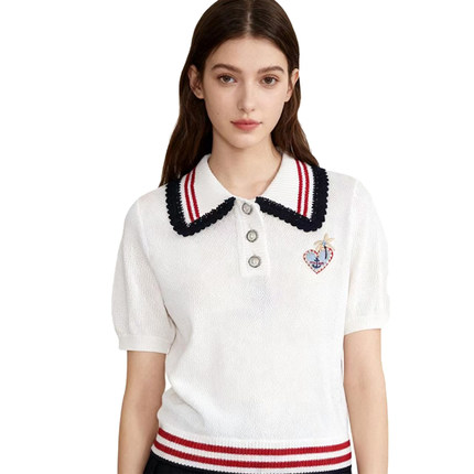 【恋】淑女针织衫POLO领拼接撞色镂空设计简约舒适透气短袖YL1005