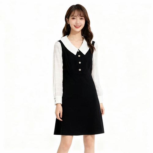 【恋】淑女连衣裙娃娃领拼接撞色中长款气质优雅修身显瘦YL989
