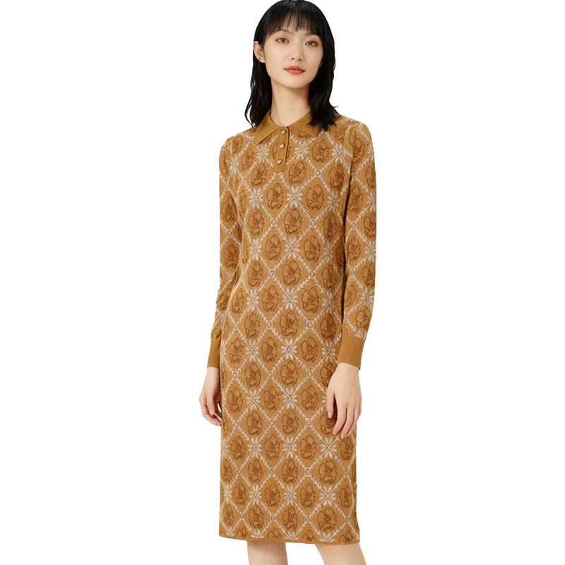 【D玛纳】提花连衣裙复古翻领中长款气质优雅修身显瘦新款DMA843