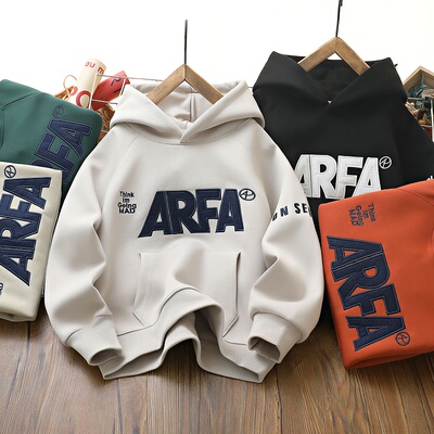 男童连帽卫衣2024春装新款儿童贴布字母纯色上衣中大童宽松帽衫潮