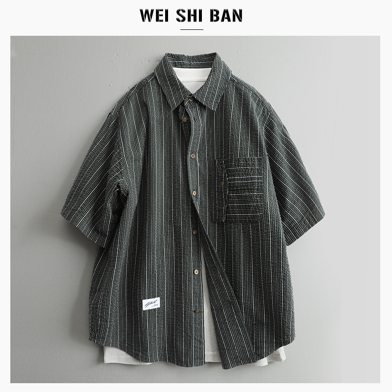美式复古发泡条纹宽松短袖衬衫男